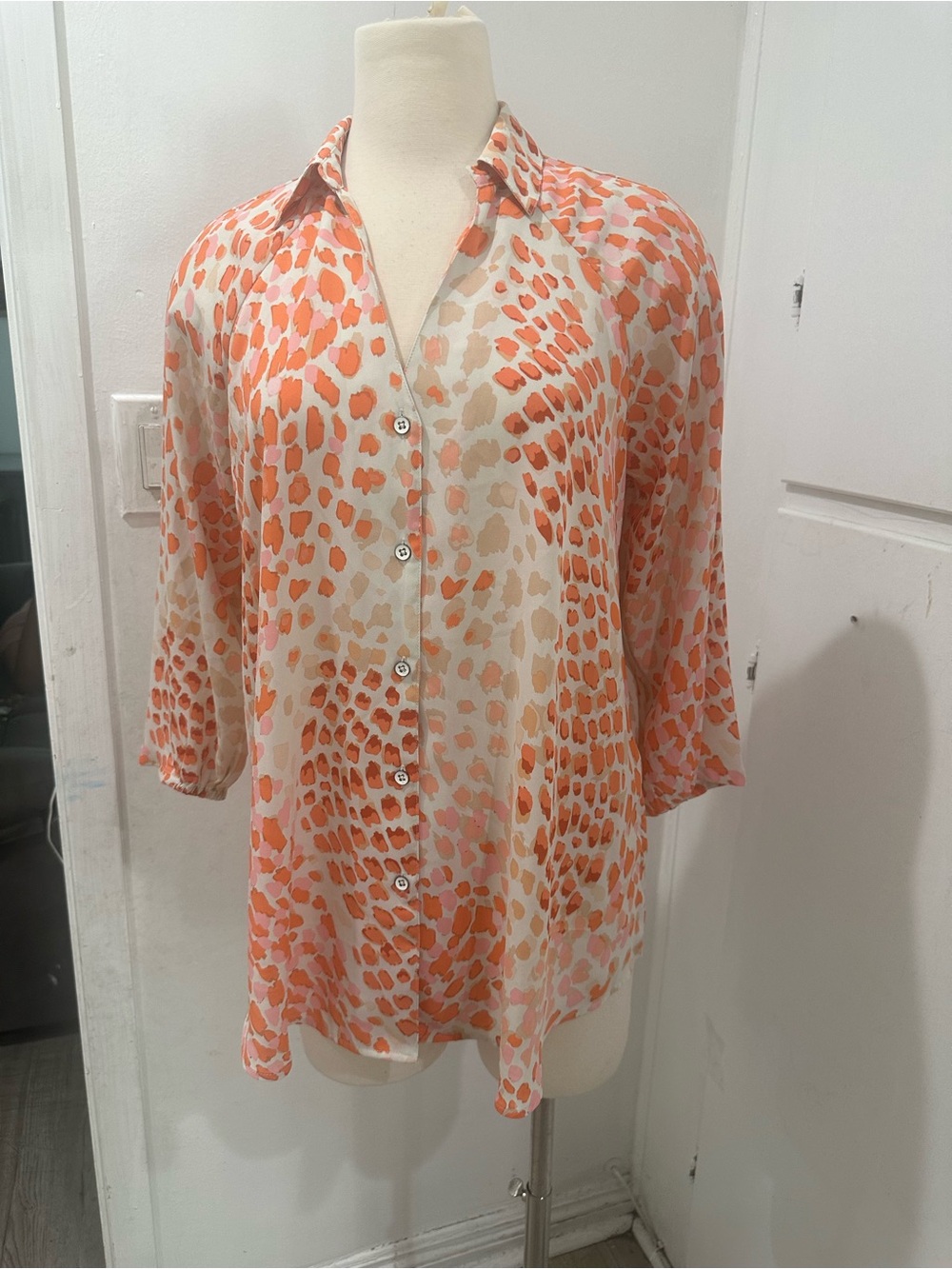 CAbi Coral and Cream Spot Print Button-Down Blouse